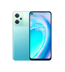 Smartphone with gradient design and 'Never Settle' logo on a white background